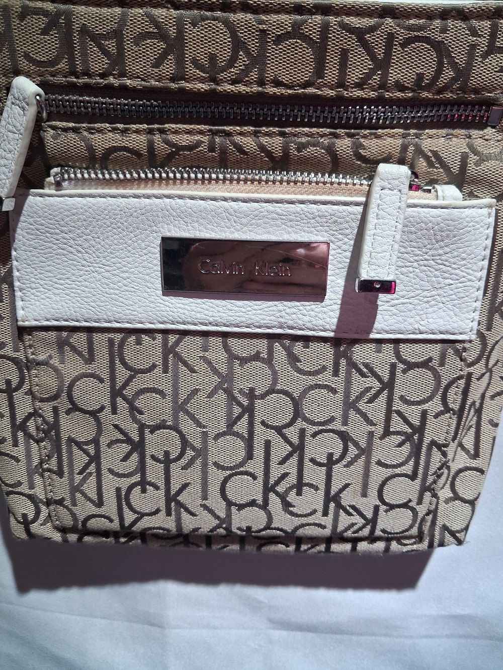 Calvin Klein Beige Monogram Crossbody with White Trim - Picture 2 of 5
